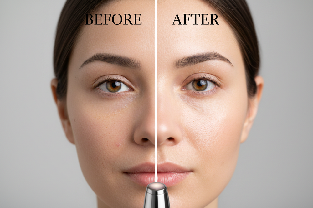 Generate a before and after photo of one with poor skin and after using the beauty wand